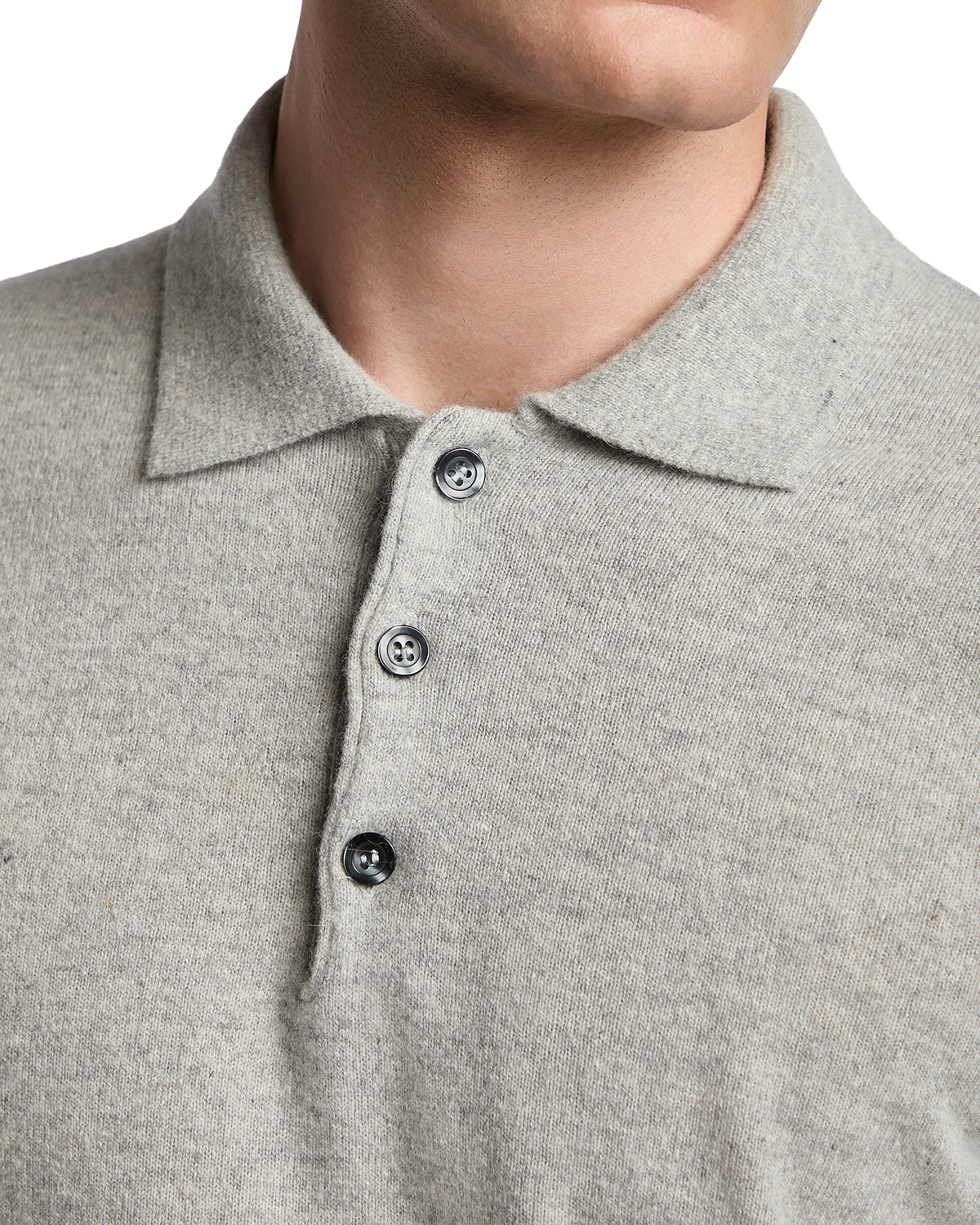 Men's gray wool blend polo shirt with three buttons and classic collar, perfect for casual or smart-casual wear.