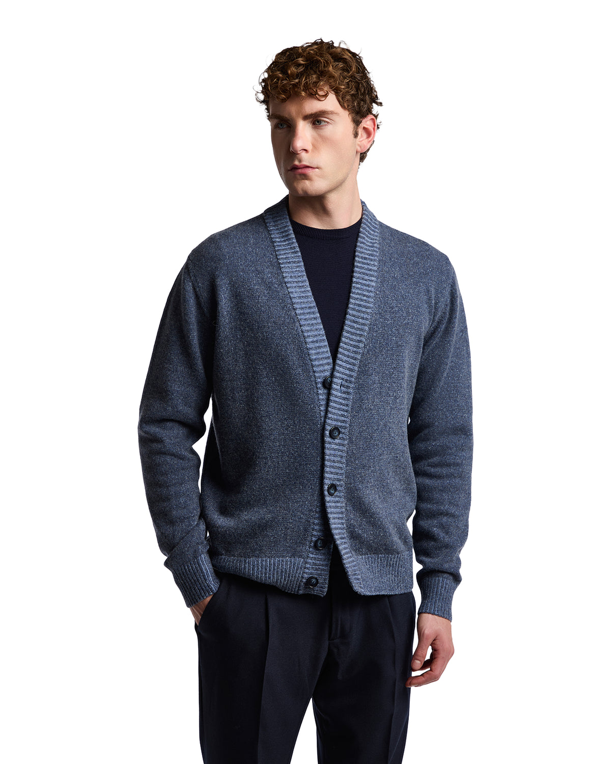 Men's navy blue wool blend cardigan with a button front and ribbed cuffs, perfect for casual or smart-casual wear.