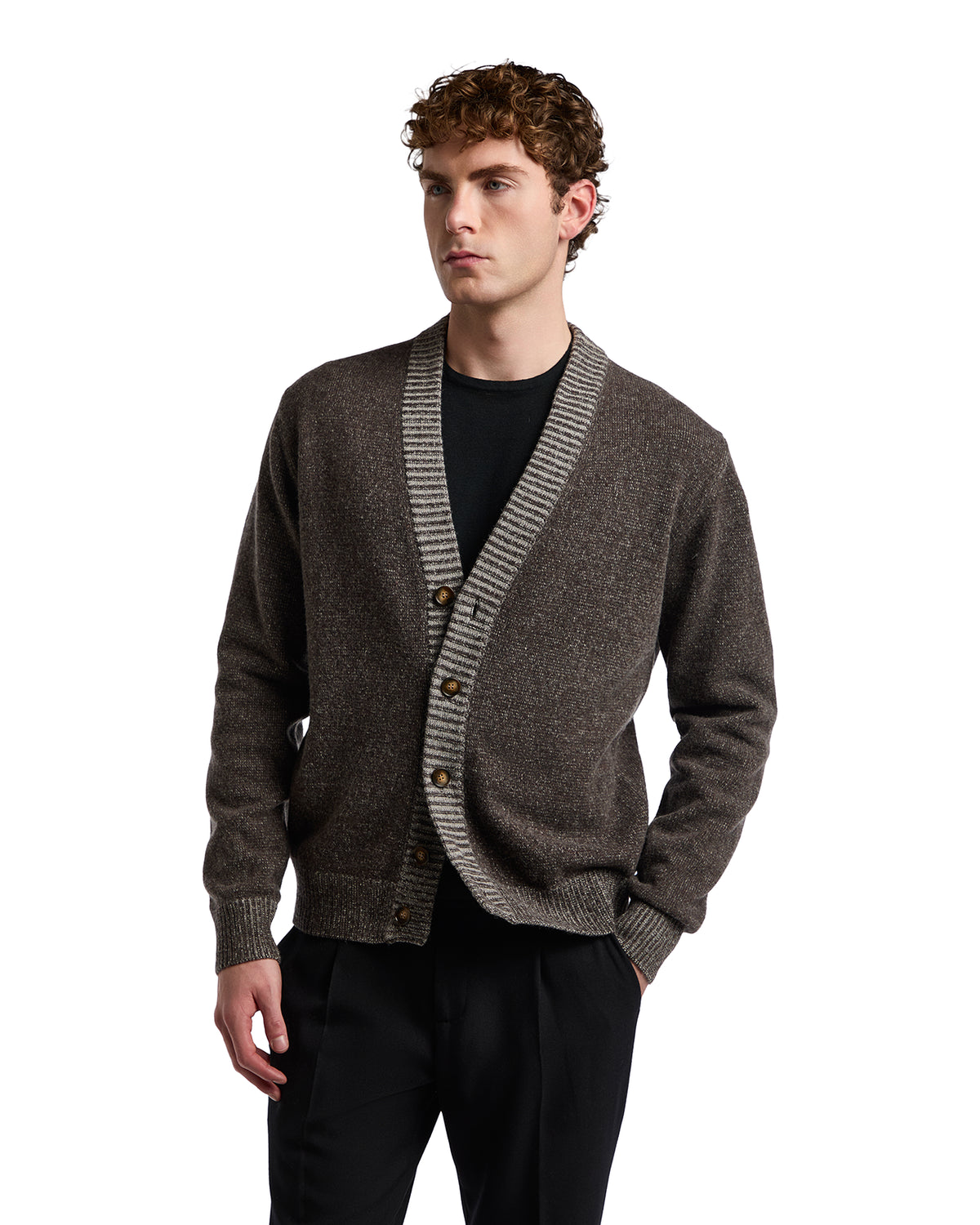 Men's brown cardigan sweater with striped gray shawl collar, made from soft knit fabric, featuring button closure.