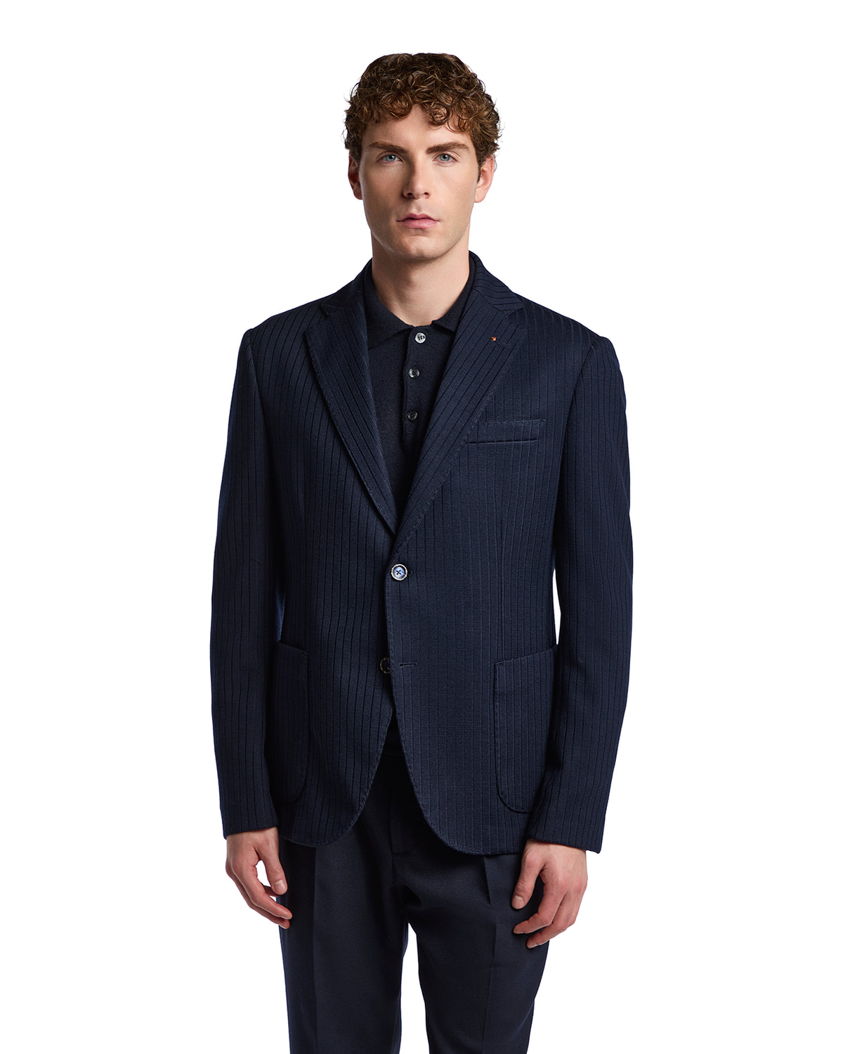 Men's tailored navy pinstripe blazer, made from lightweight fabric, featuring a single-breasted design and notch lapels.