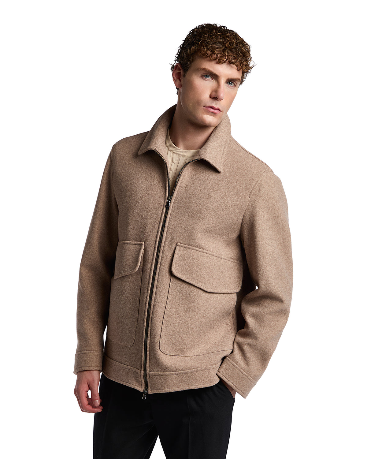 Men's beige wool blend jacket with large pockets and a zip front, perfect for stylish layering in cool weather.