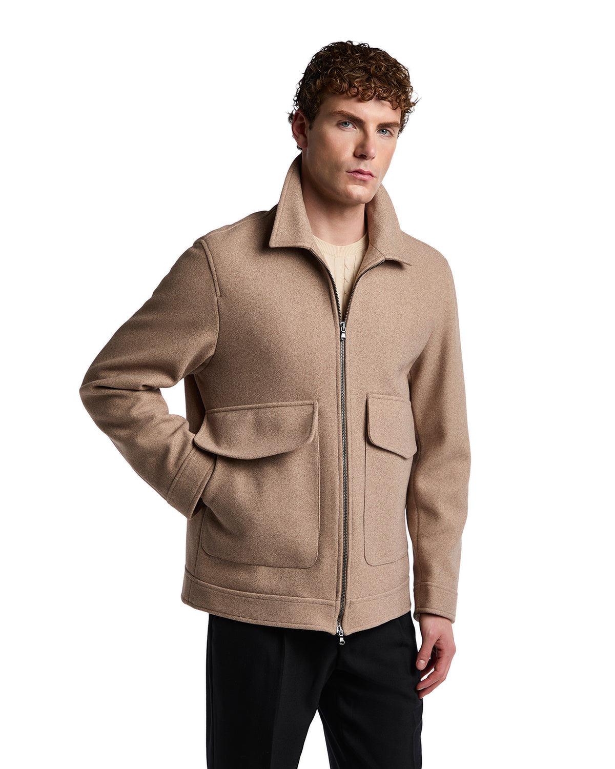 Beige wool blend zip-up jacket with two front pockets, casual style for men, perfect for layering in cooler weather.