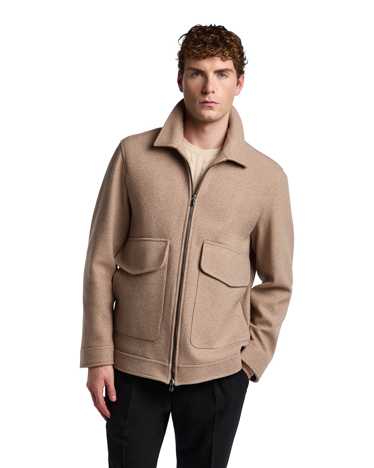 Men's beige wool-blend jacket with zip closure, two front pockets, and a modern collar design. Perfect for casual outings.