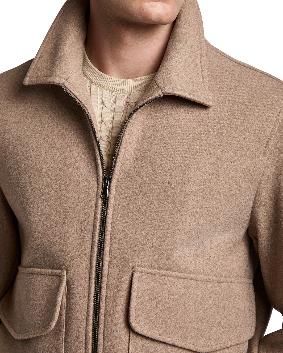 Tan wool blend jacket with a zip front, two front pockets, and a stylish collar, perfect for casual layering.