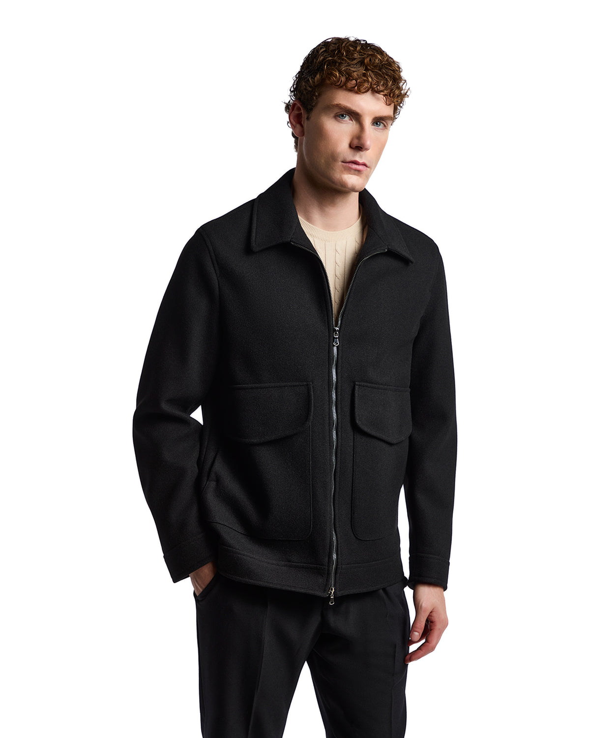 Men's black wool blend jacket with zip closure and large pockets, featuring a classic collar and relaxed fit.