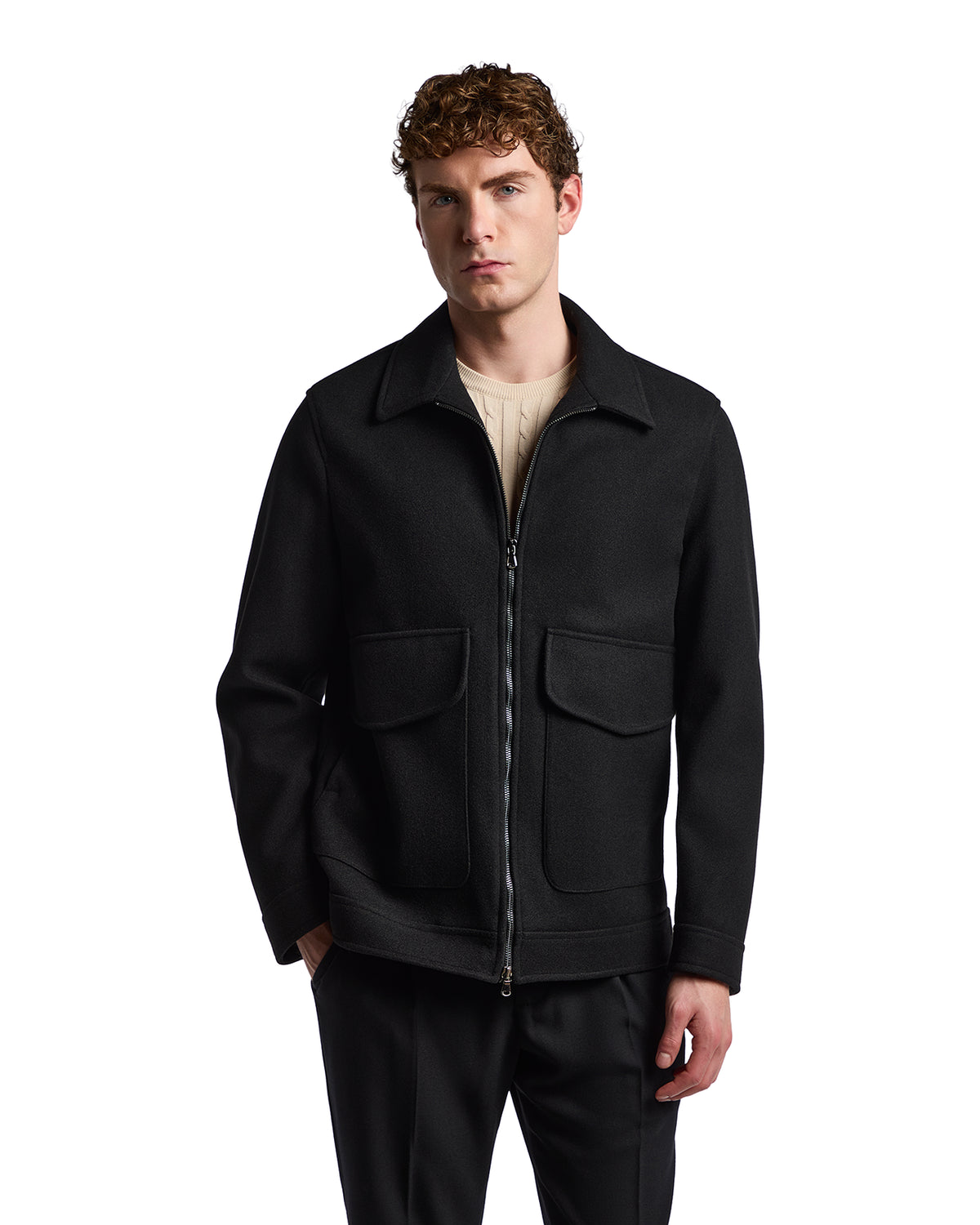 Men's black wool blend jacket with a zip front, collar, and two chest pockets for a stylish, modern look.