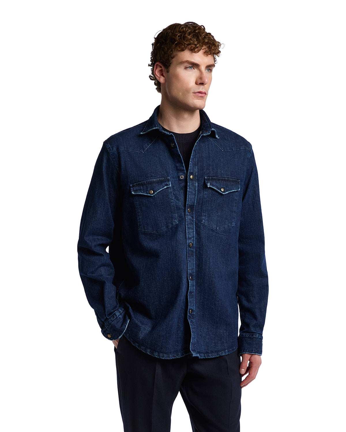Men's dark blue denim shirt with two chest pockets, button-down front, and a stylish, casual fit.