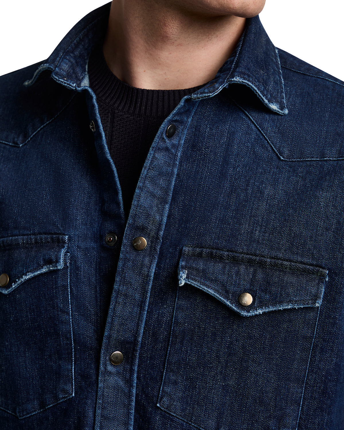 Men's dark blue denim western shirt with snap buttons and two chest pockets, perfect for casual outfits.