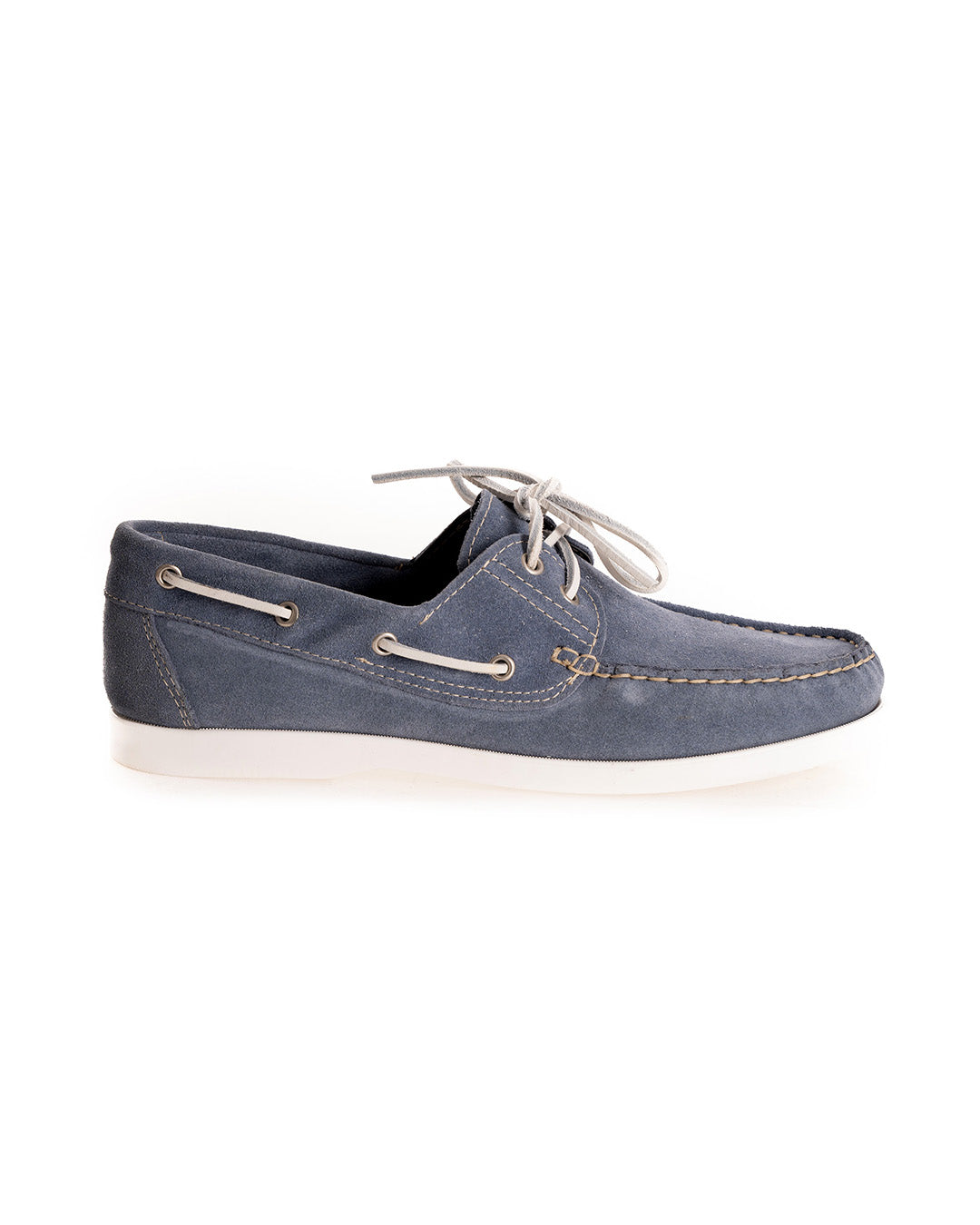 Men's blue suede boat shoes with white rubber sole and classic lacing detail, perfect for casual summer outings.