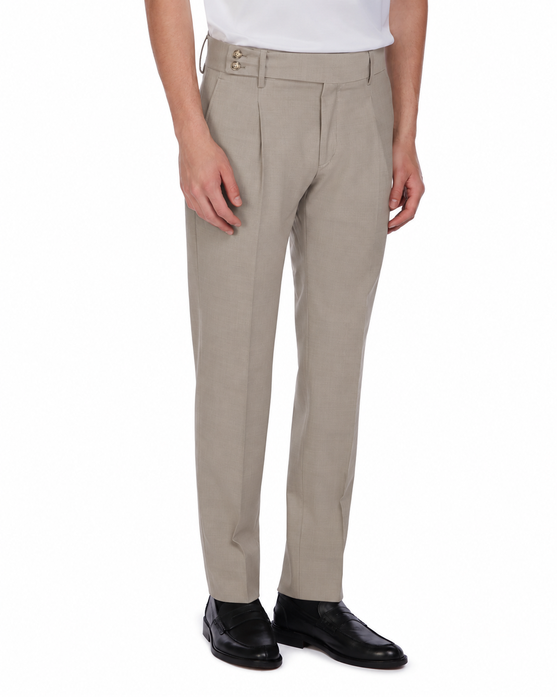 Men's beige tailored trousers in lightweight fabric with pleats and button detail, perfect for formal occasions.