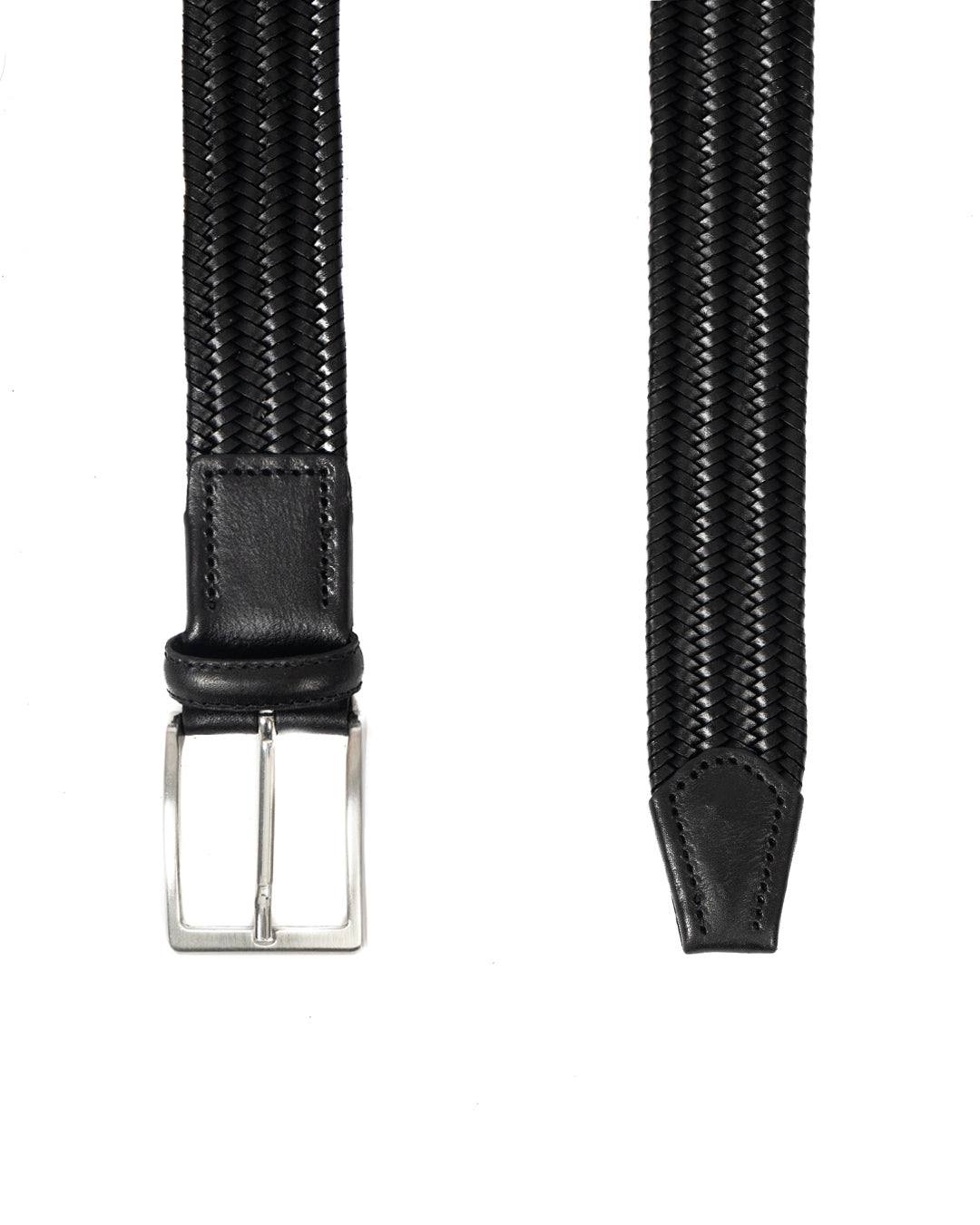 Black braided leather belt with silver rectangular buckle, featuring woven texture and leather end tip.