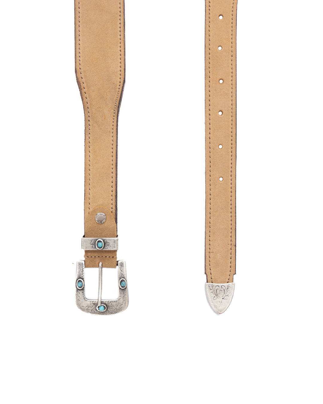 Tan leather western belt with silver-toned buckle featuring turquoise stone accents and decorative metal tip.