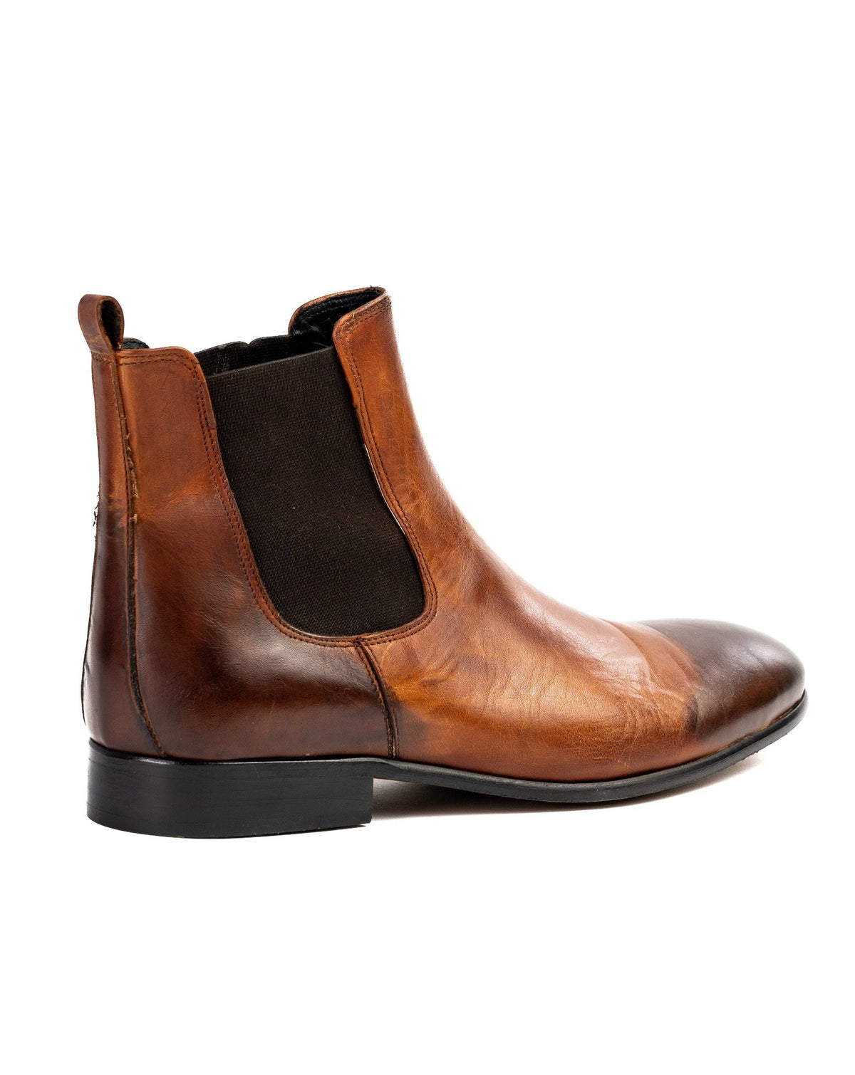Brown leather Chelsea boots with elastic side panels and a sleek silhouette for a modern, stylish look.