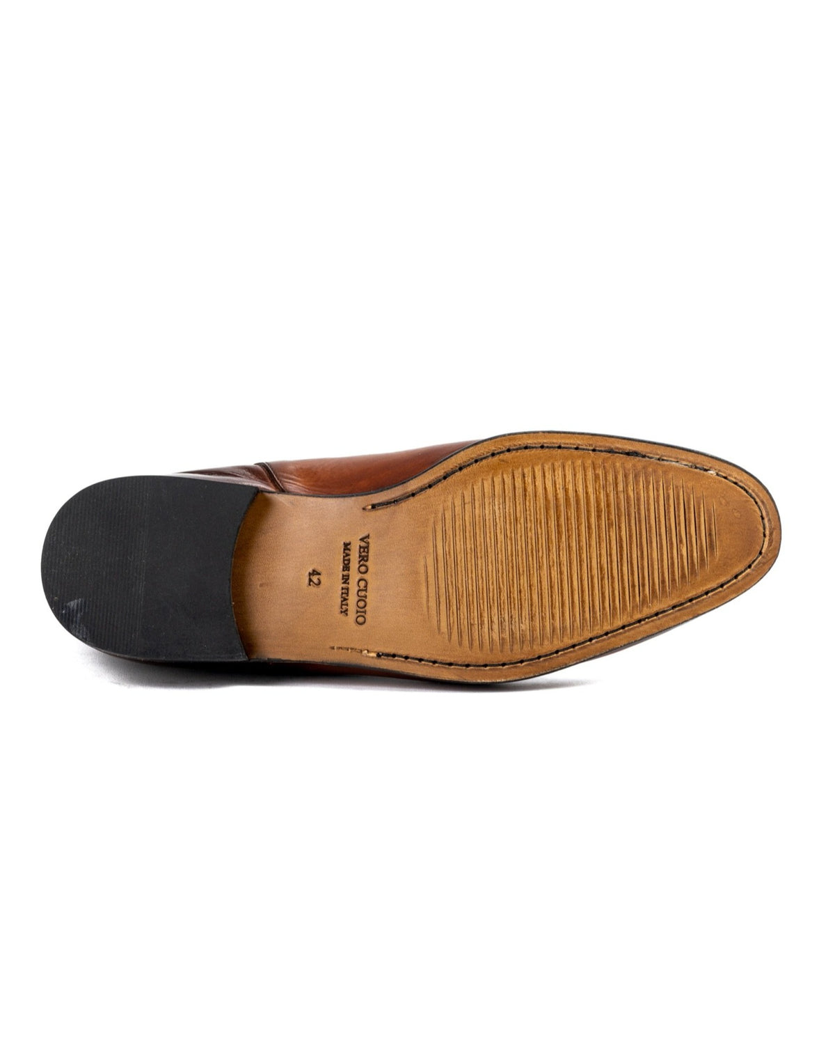 Men's brown leather dress shoe sole with detailed stitching and a classic elegant design. Size 12.