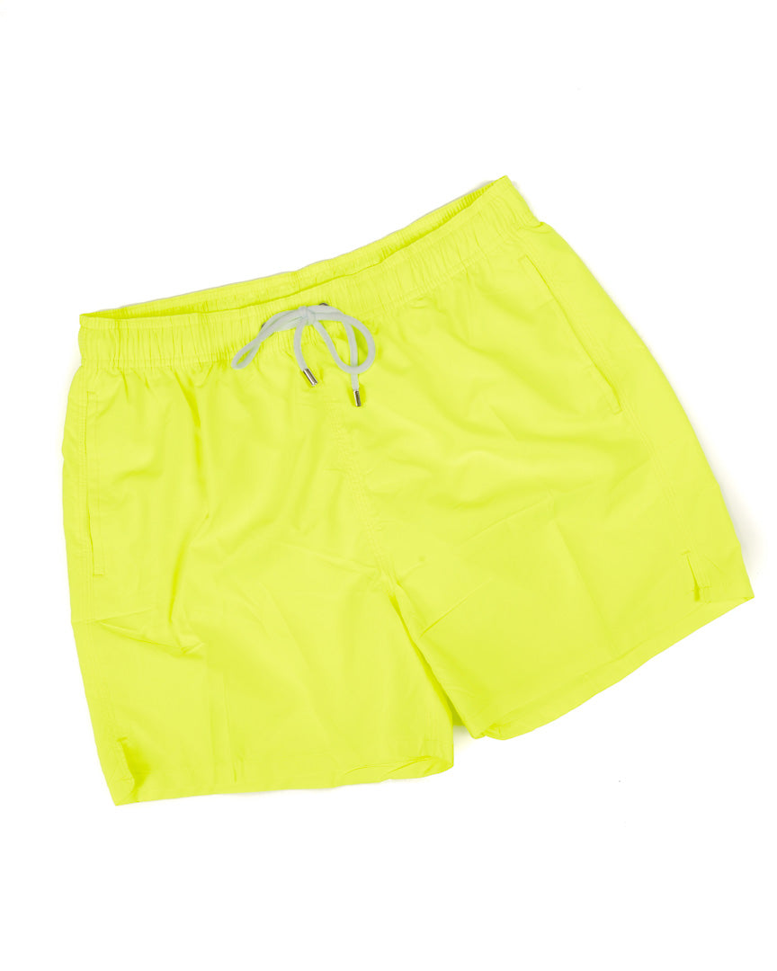 Bright neon yellow men's swim shorts with an elastic waistband and drawstring, featuring side pockets for convenience.
