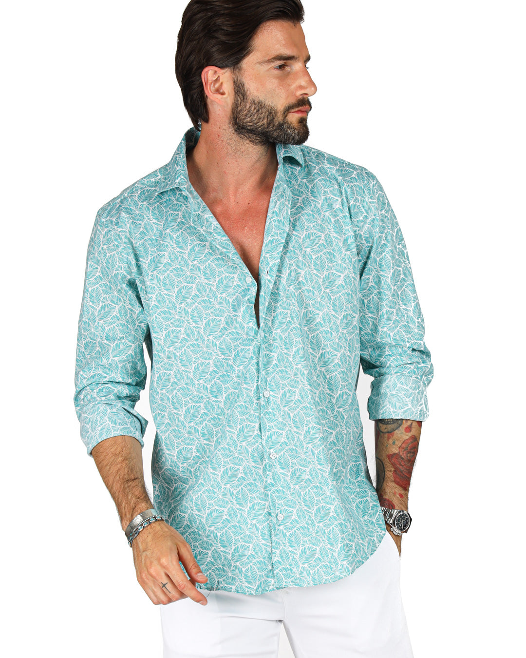 Light teal men's button-up shirt with a floral pattern, made from breathable cotton fabric, perfect for casual outings.