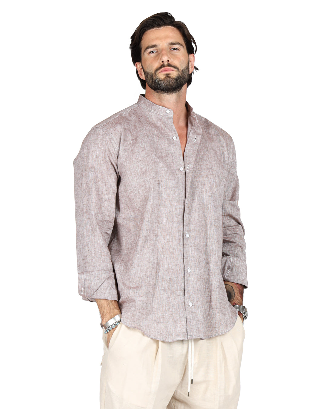 Men's light brown linen shirt with a mandarin collar and button-up style, perfect for casual summer wear.