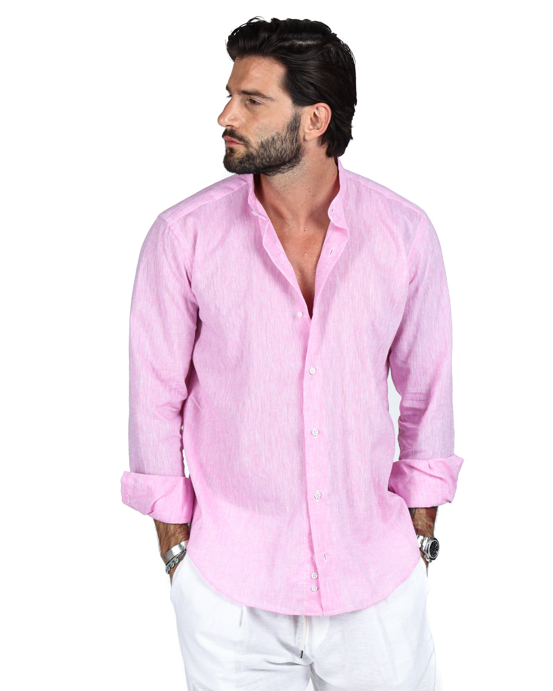 Light pink linen dress shirt for men with a relaxed fit and long sleeves, perfect for casual or semi-formal occasions.