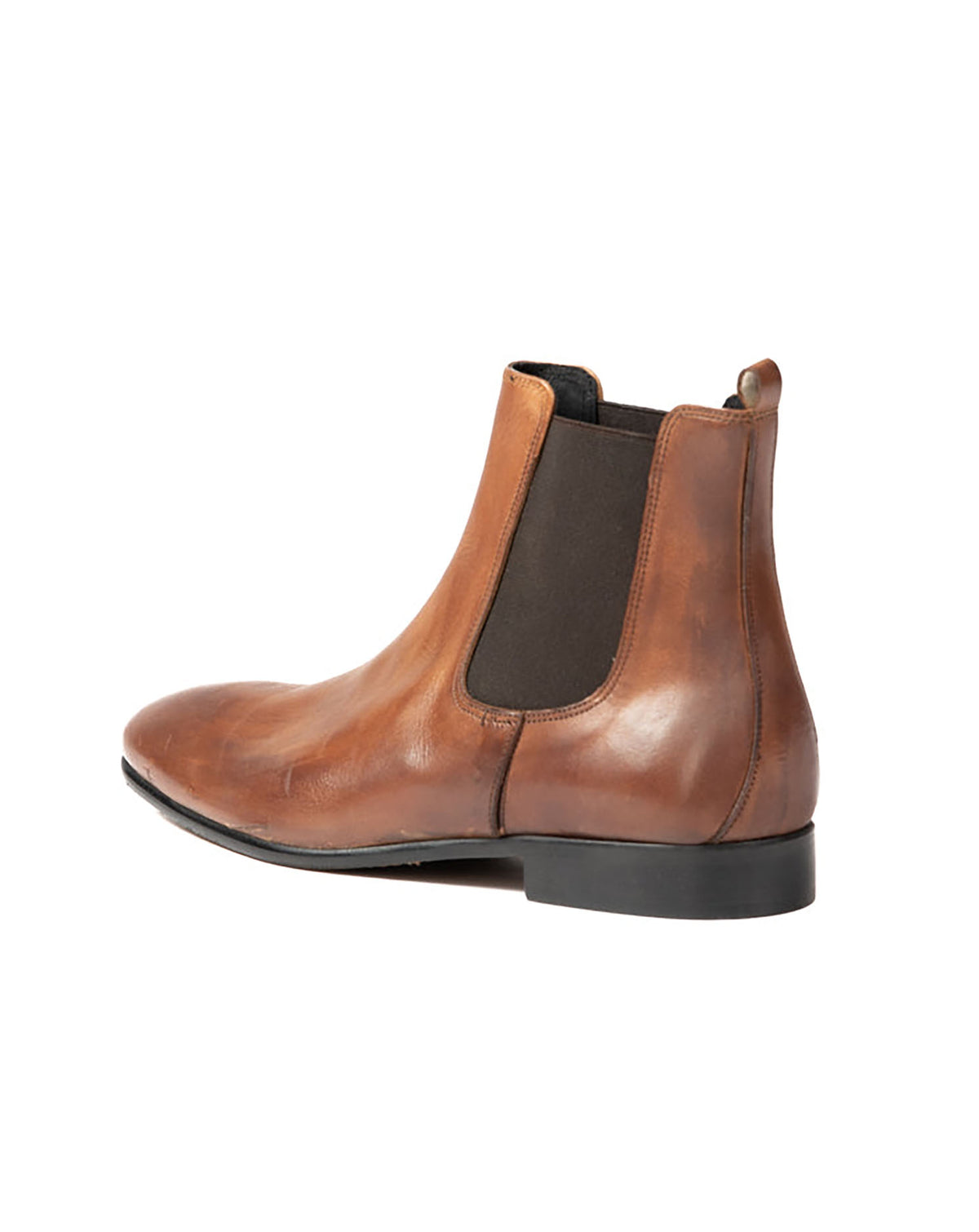 Brown leather Chelsea boots with elastic side panels and a sleek, minimalist design. Perfect for casual and formal wear.