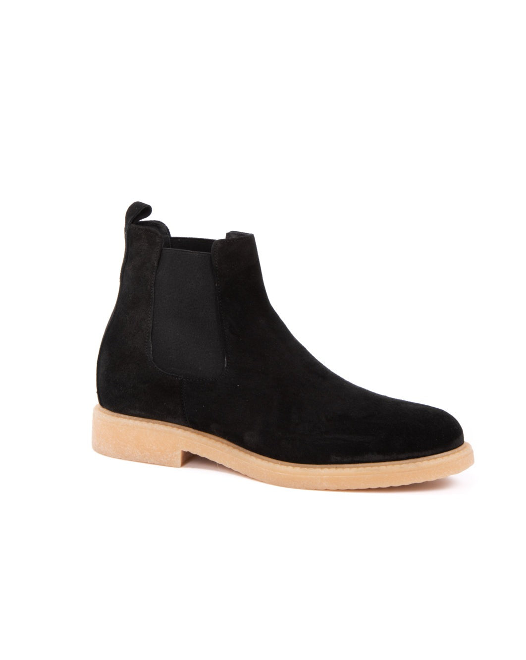 Black suede Chelsea boots with a rubber sole and sleek design, perfect for any stylish outfit.