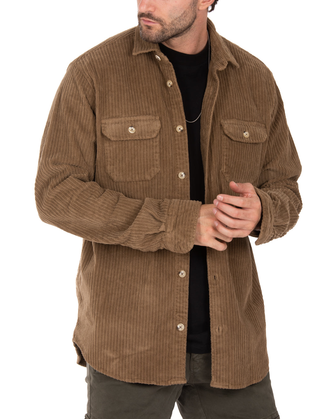 Men's brown corduroy shirt with button pockets, relaxed fit, perfect for casual wear.