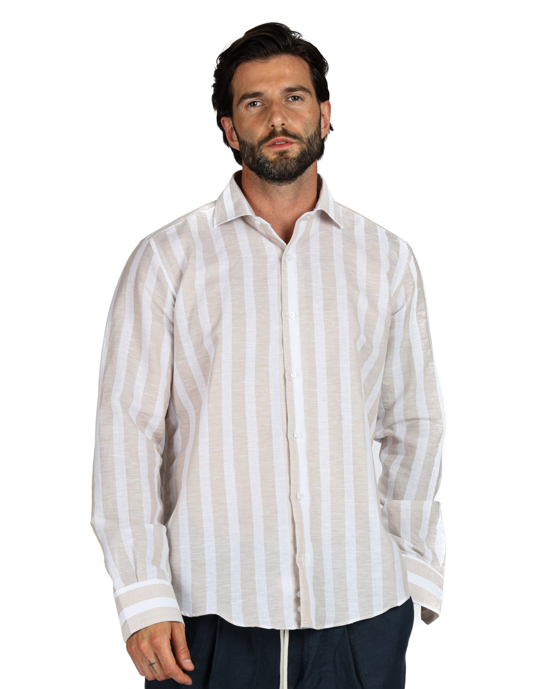 Men's white and beige striped linen shirt, long sleeves, stylish and breathable for casual or dressy occasions.
