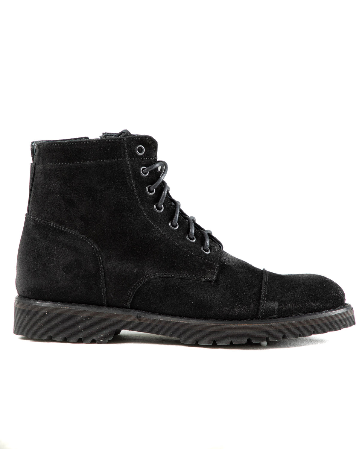 Black suede lace-up ankle boots with rugged soles, perfect for casual or outdoor wear.