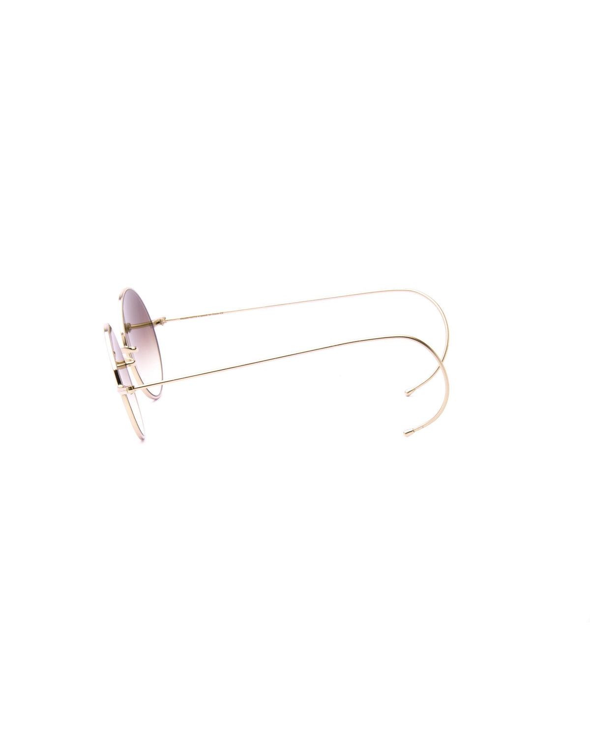Gold round wire-frame sunglasses with gradient lenses, minimalist aviator style eyewear on white background