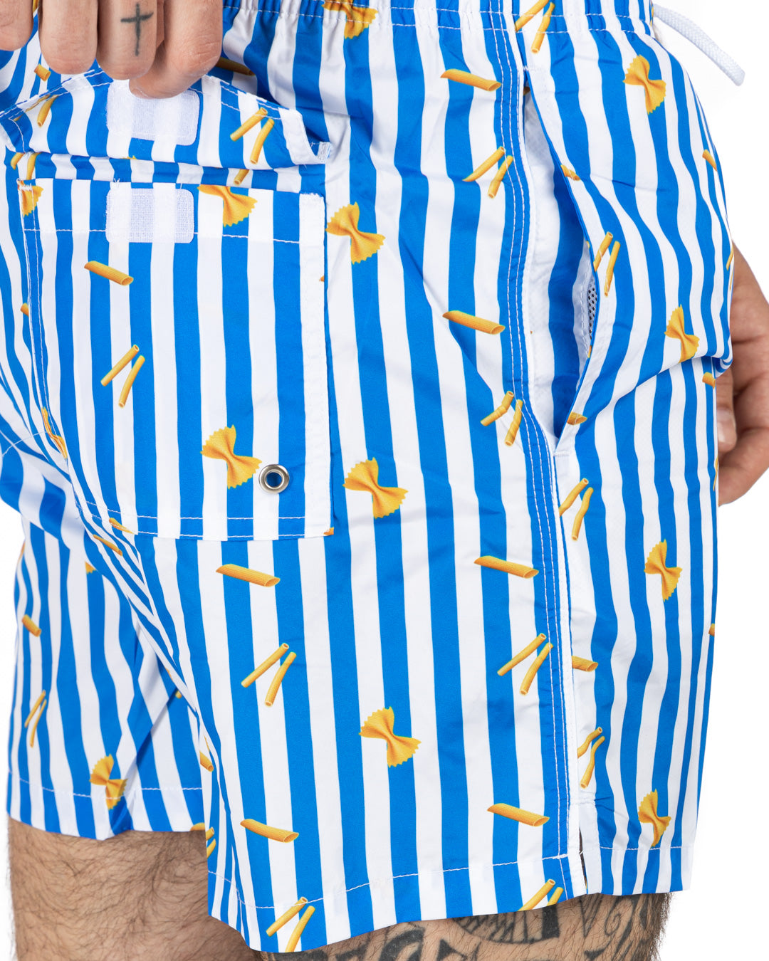 Swimsuit - Pasta pattern with light blue stripes