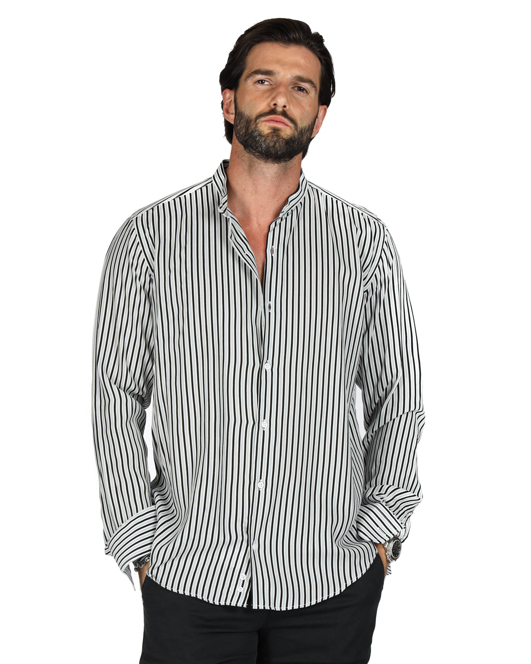 Men's gray and black vertical striped Korean-style shirt with stand collar, shown on a model