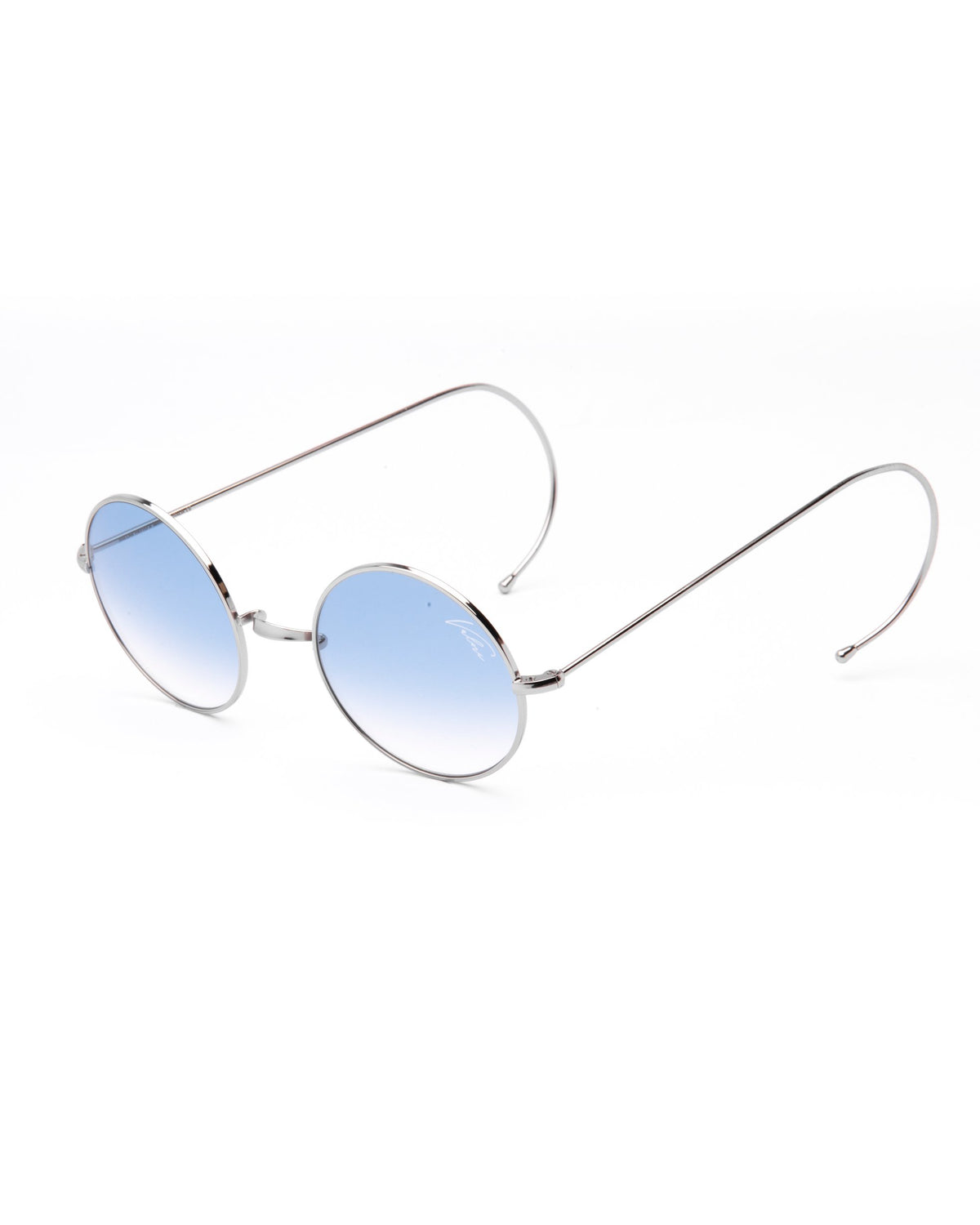Silver metal round sunglasses with blue gradient lenses, thin wire frames, and curved ear tips.