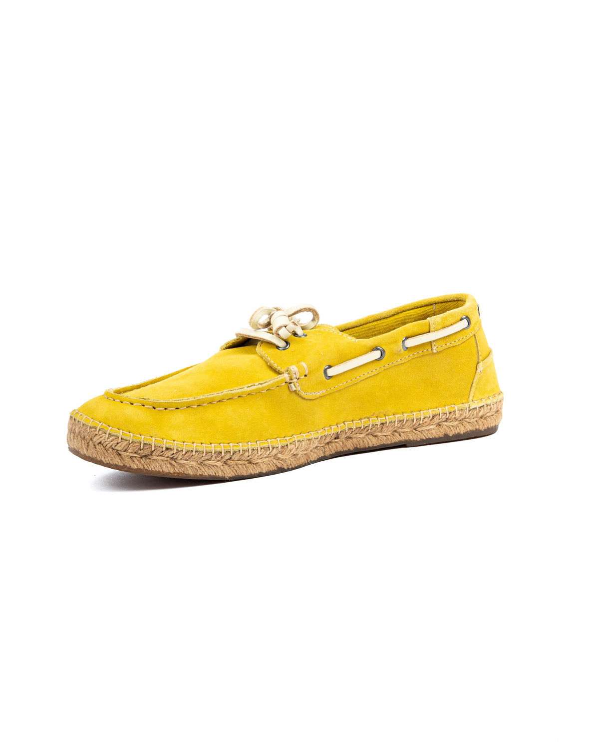 Yellow suede boat shoe with cream leather laces and braided jute espadrille sole, shown in profile