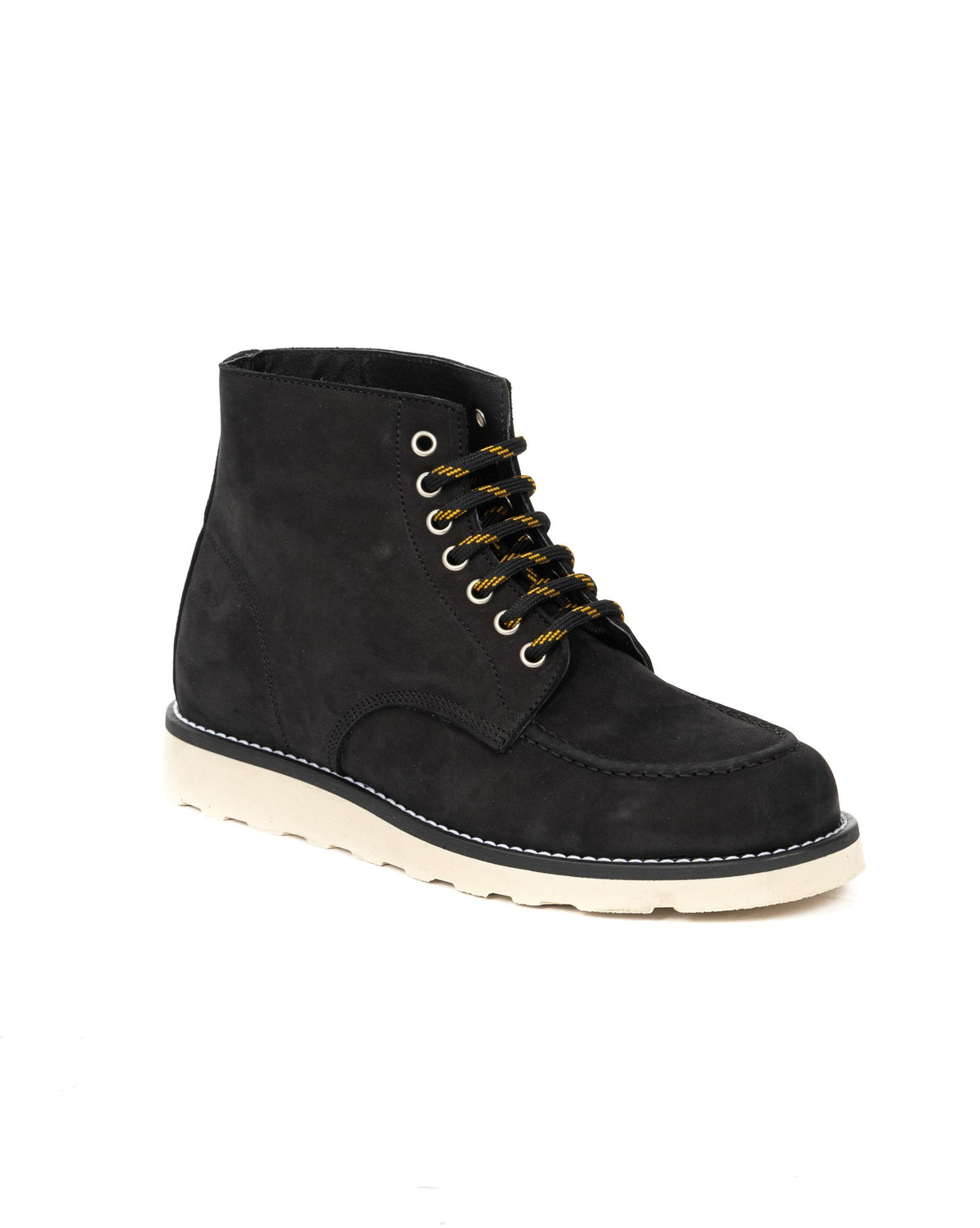 Black suede lace-up ankle boot with cream sole, yellow striped laces, and moc toe design.