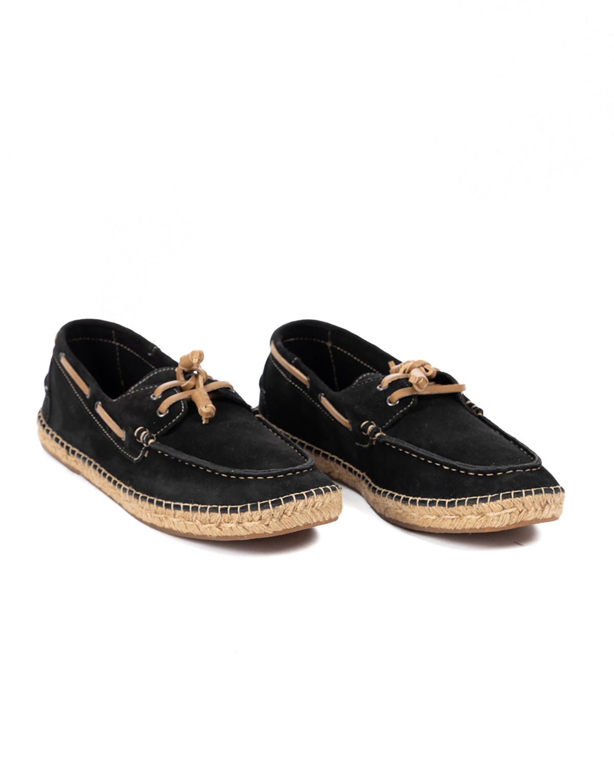 Pair of black suede boat shoe espadrilles with tan leather laces and woven jute soles