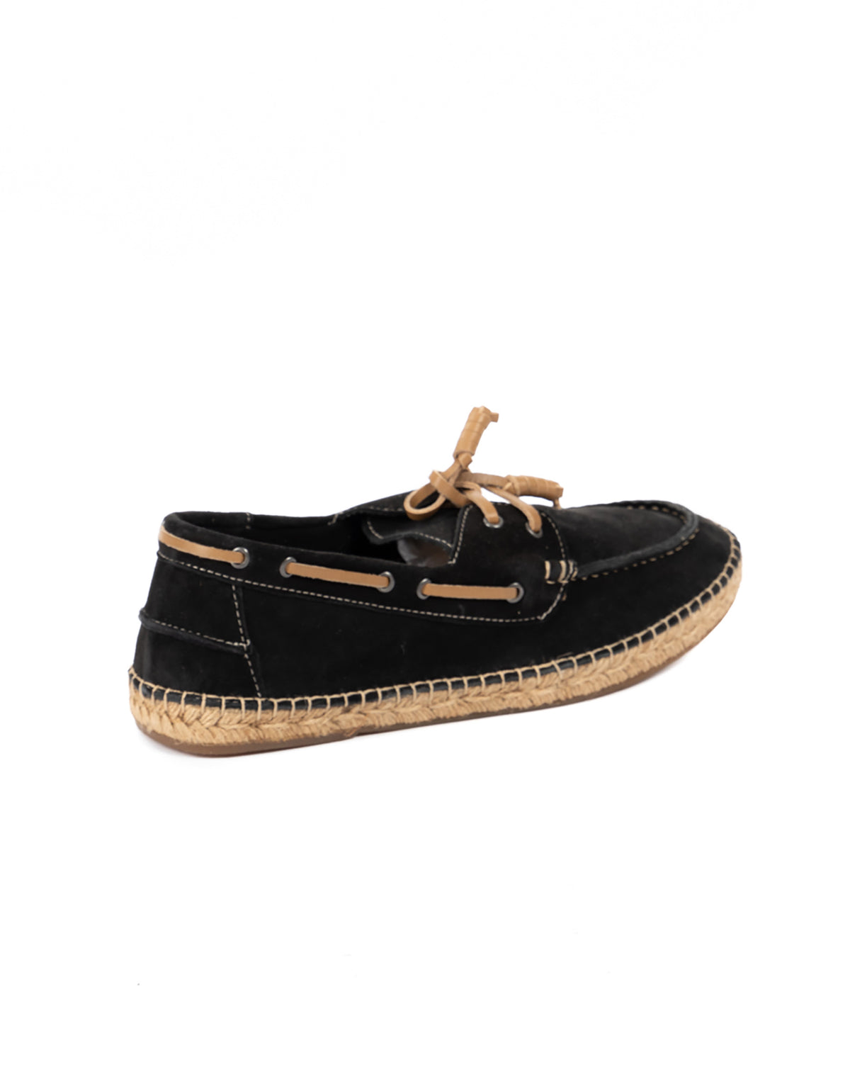 Black suede boat shoe espadrille with tan laces and eyelets on a jute sole, shown in profile