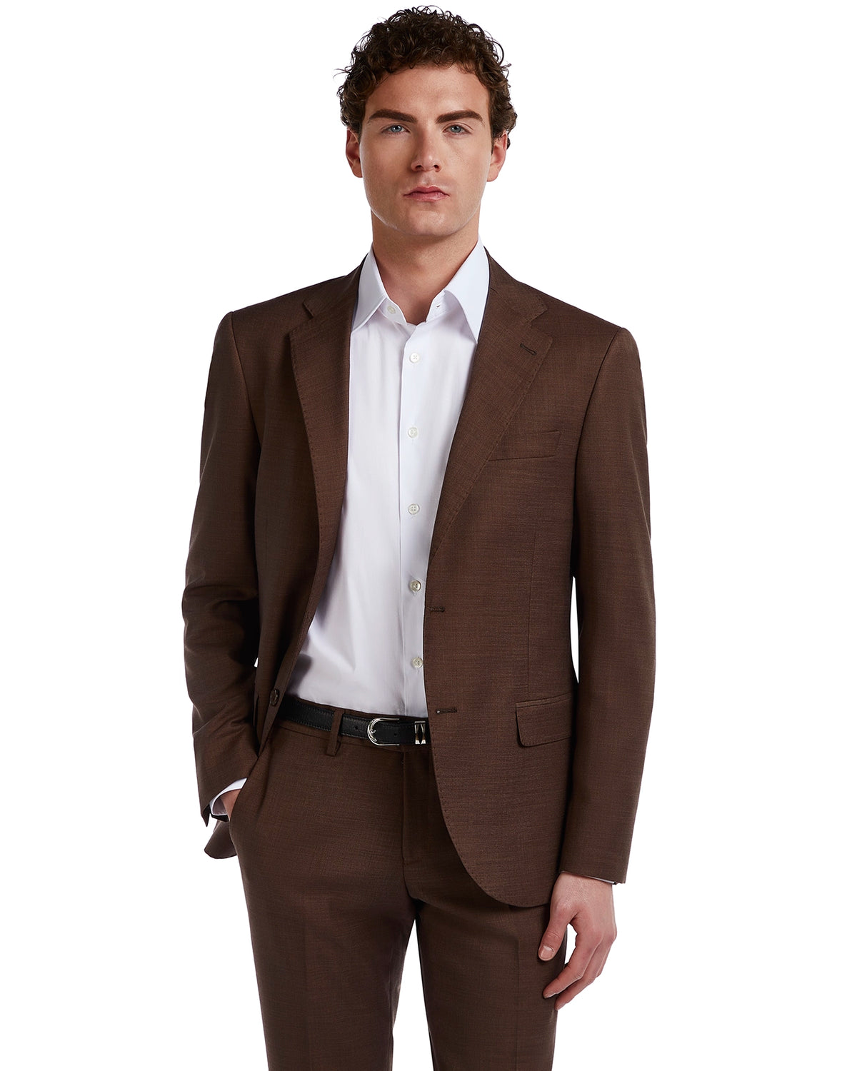 Brown tailored suit for men, crafted from lightweight fabric, paired with a crisp white shirt. Perfect for formal occasions.