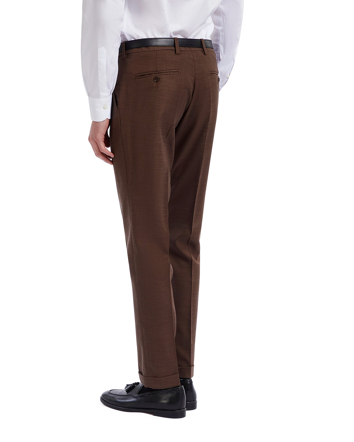 Men's slim-fit brown dress pants in textured fabric, featuring a classic cut and stylish back pockets.