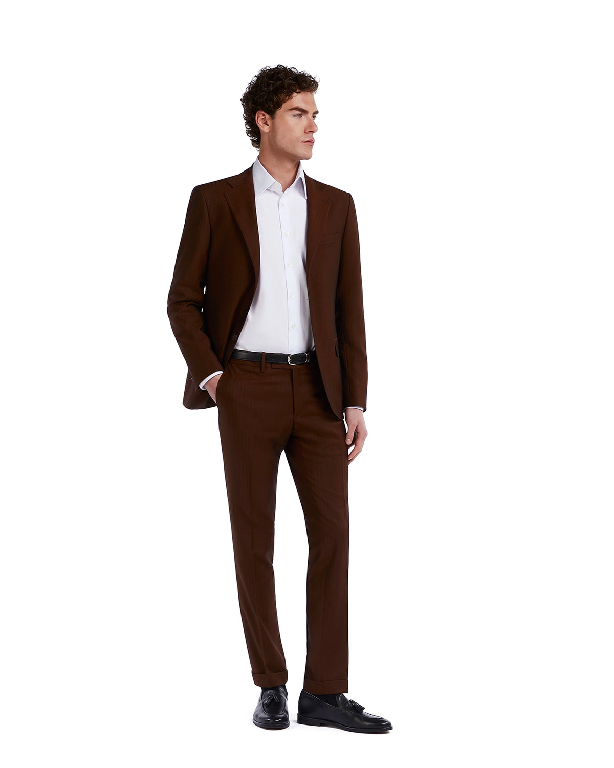 Men's brown pinstripe suit, tailored fit, lightweight fabric, paired with a classic white shirt and black dress shoes.