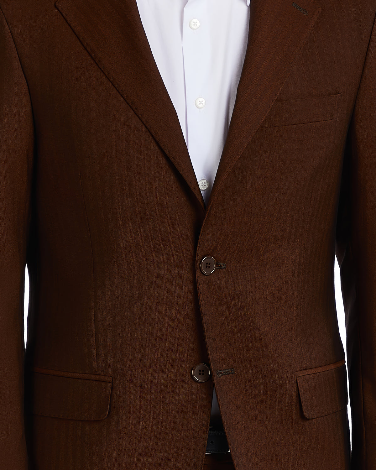 Brown pinstripe men's blazer in lightweight fabric with two buttons and notch lapels, perfect for formal occasions.