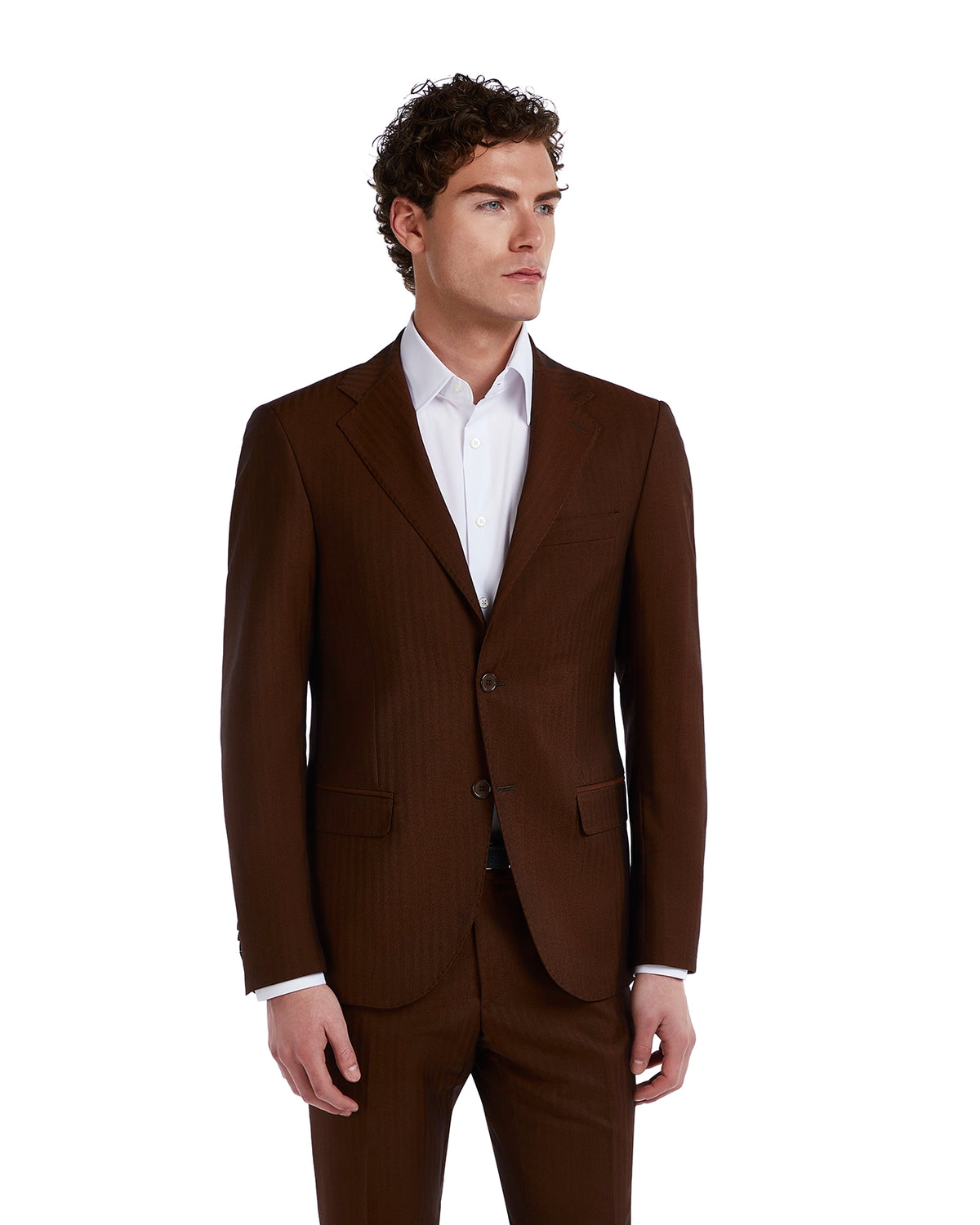 Brown pinstripe men's suit jacket made from premium wool blend, tailored fit, featuring notch lapels and two front pockets.