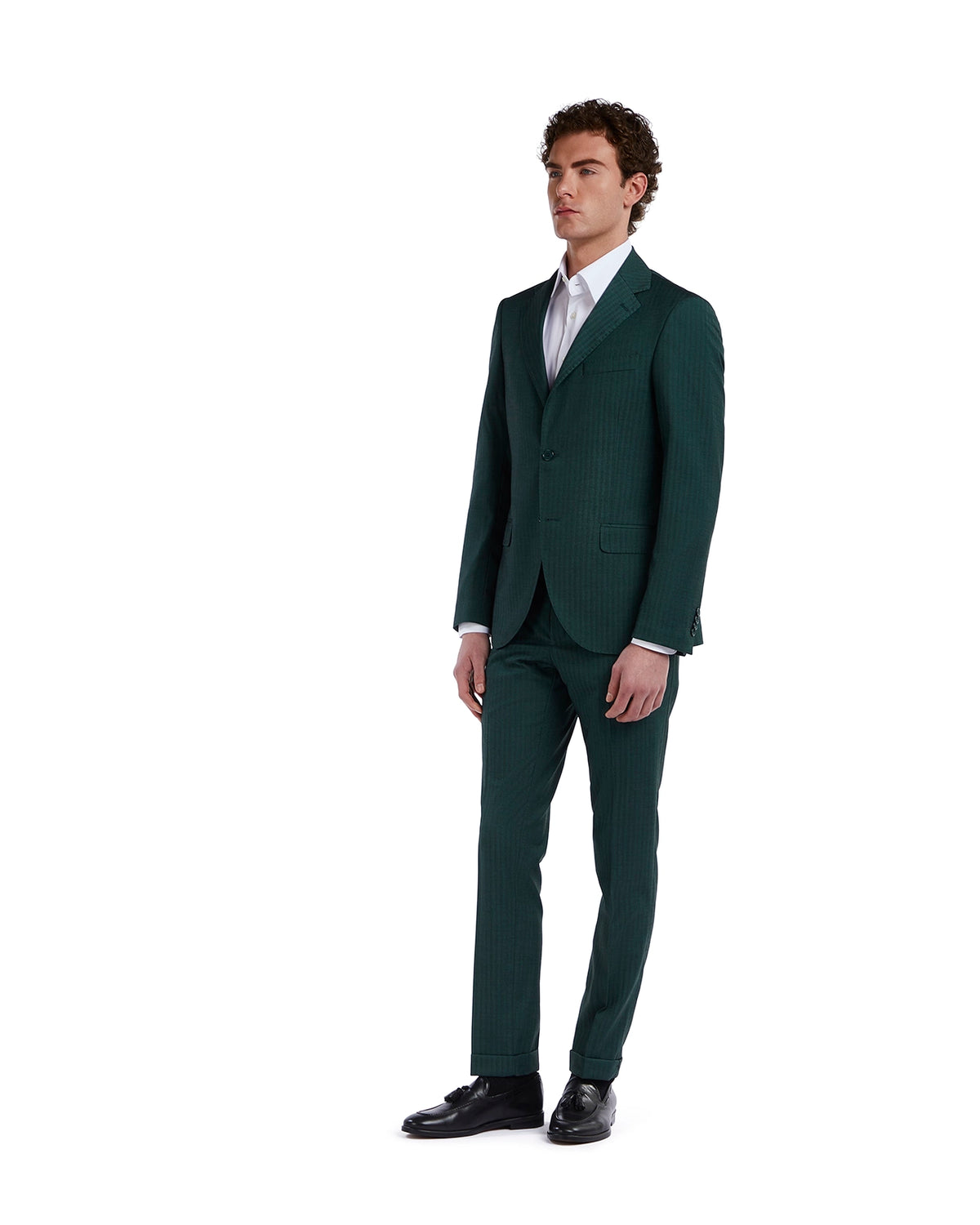 Men's slim-fit green checkered suit made of premium wool, paired with a classic white dress shirt.