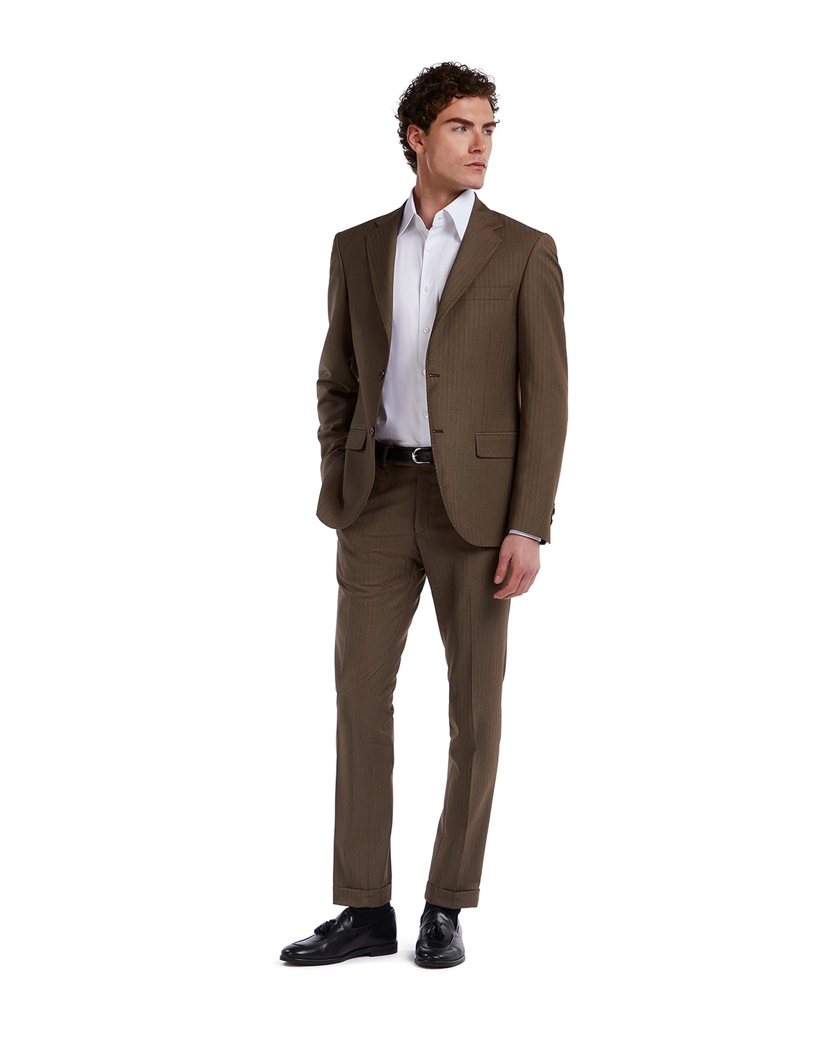 Men's brown pinstripe suit made of fine wool, featuring a tailored fit and paired with a classic white shirt.