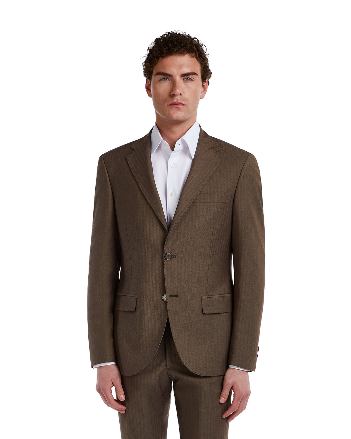 Men's brown pinstripe suit, tailored fit, lightweight fabric, with single-breasted blazer and matching trousers.