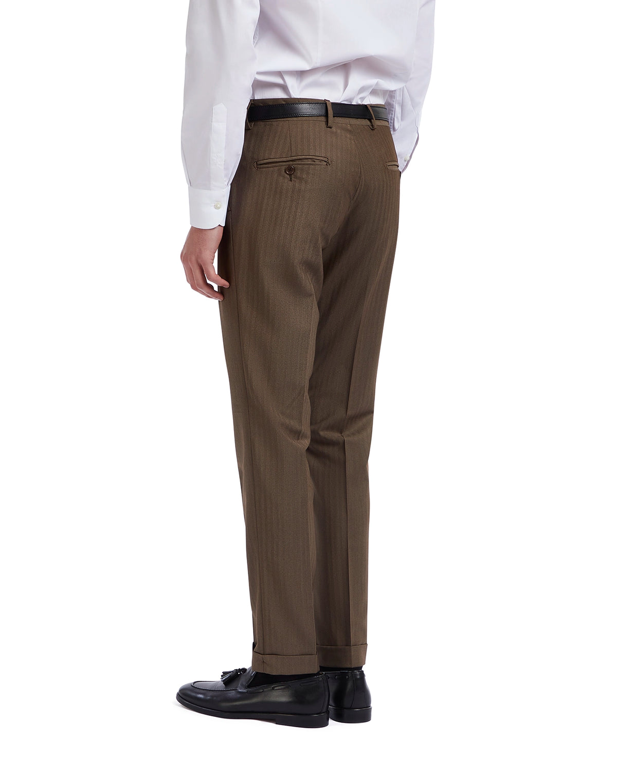 Men's brown pinstriped tailored trousers, crafted from lightweight fabric, ideal for formal and business wear.