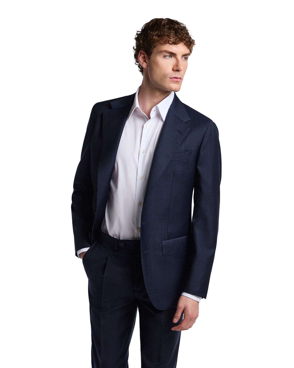 Navy blue tailored suit jacket in premium wool with notch lapels, styled with a crisp white dress shirt.
