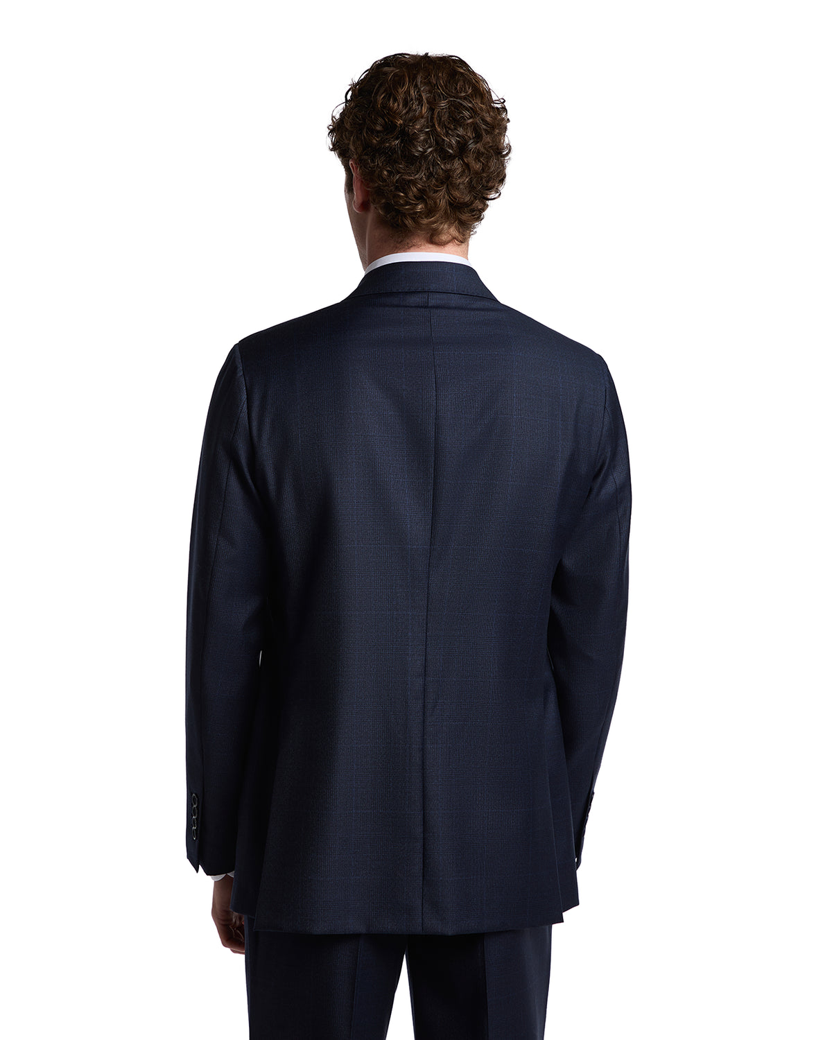 Men's navy blue plaid suit jacket, tailored fit, wool blend fabric, classic style with single vent back.