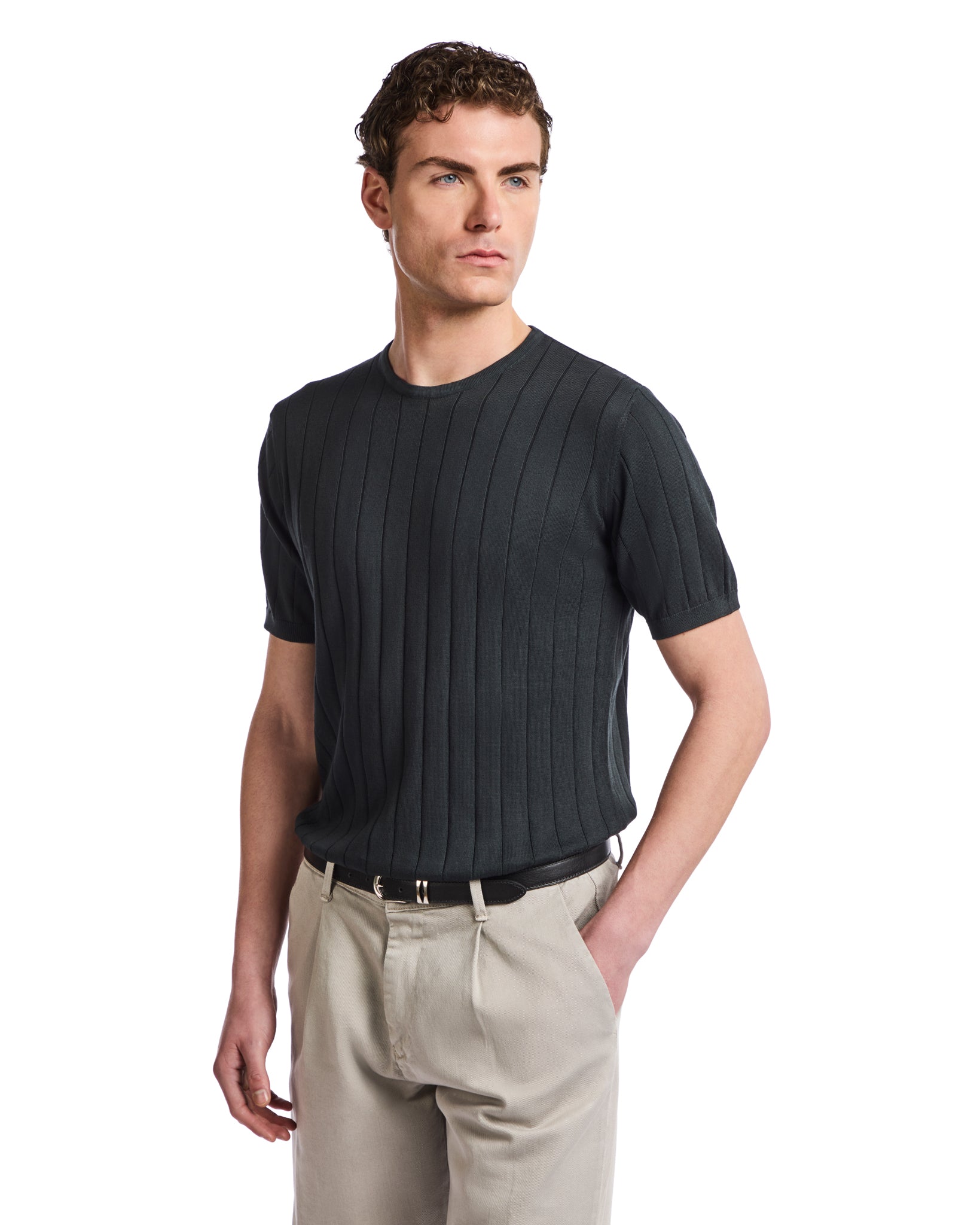 Camiseta acanalada Adriano de punto negra