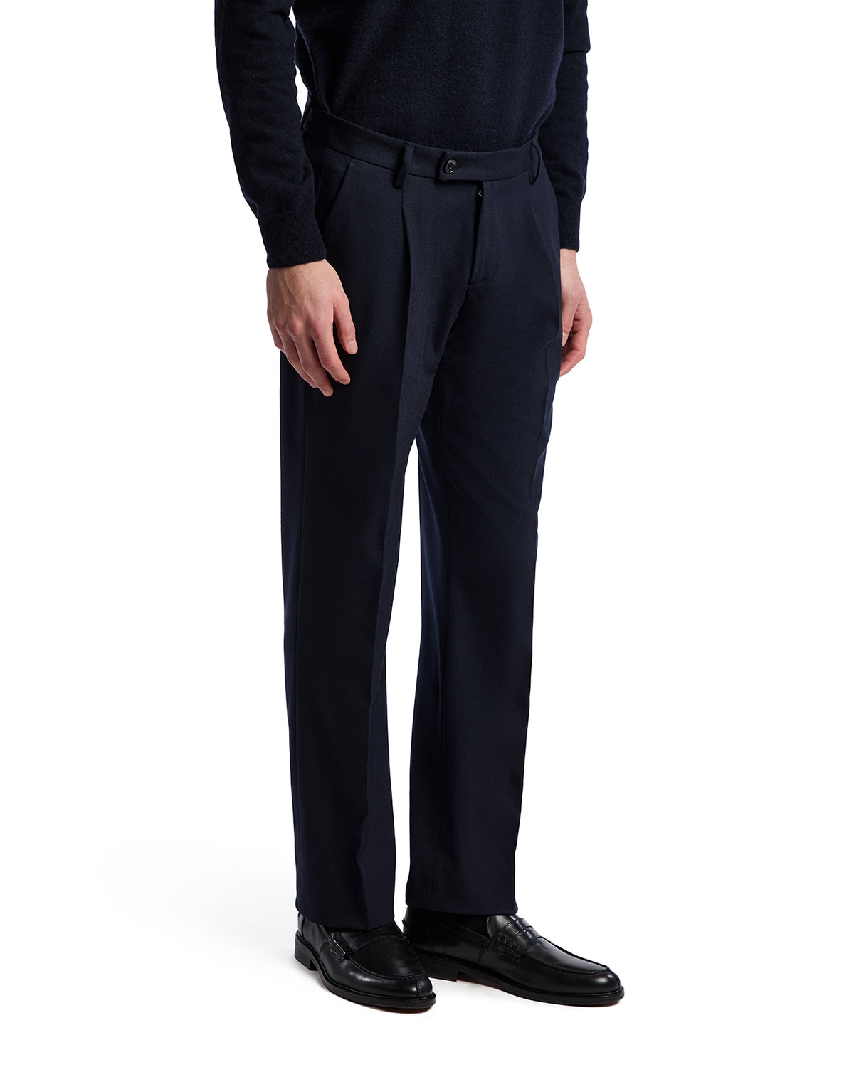 Navy blue tailored dress pants in lightweight wool, perfect for formal and business casual occasions.