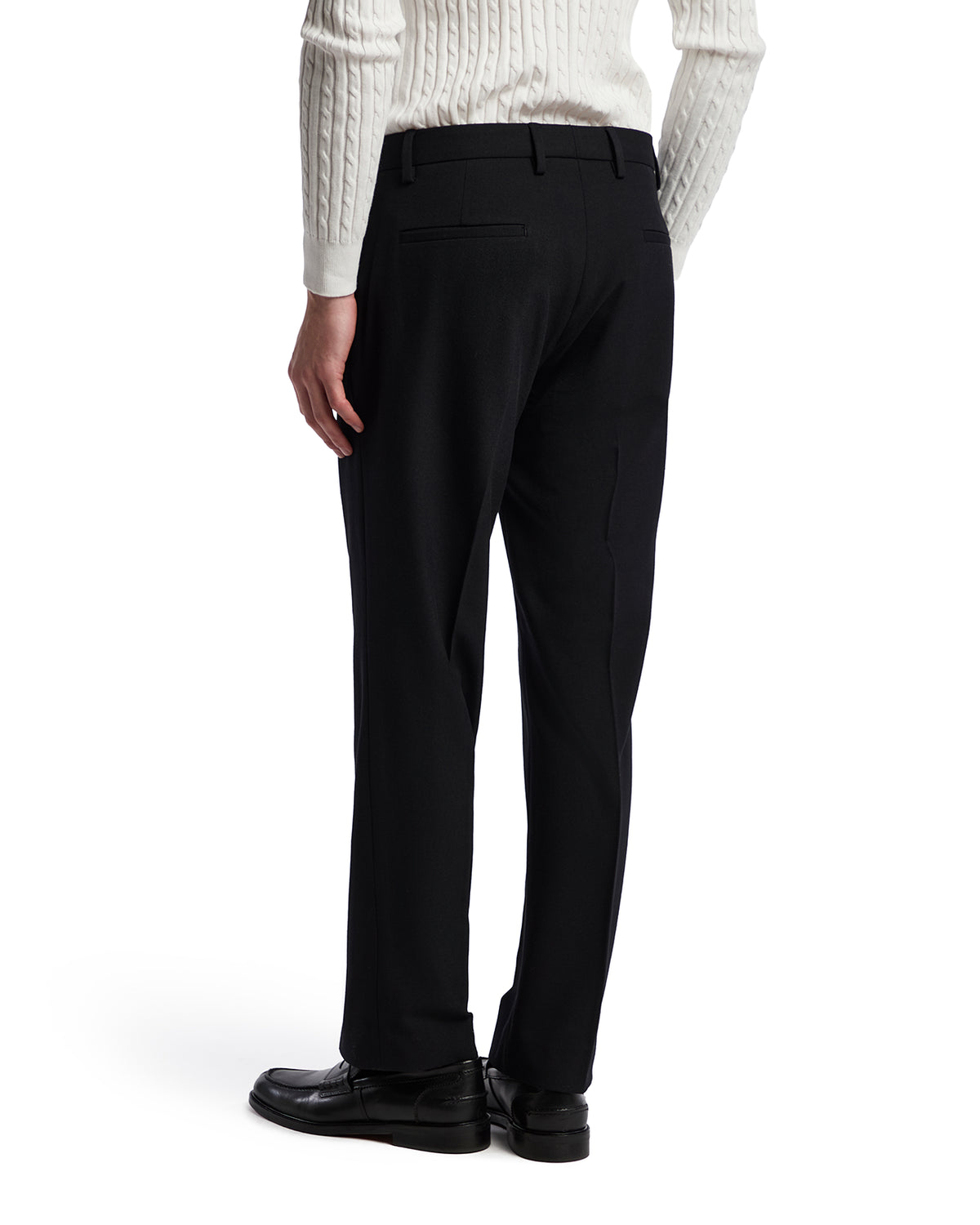 Men's black tailored trousers in wool blend, featuring a sleek fit and classic style, perfect for formal occasions.