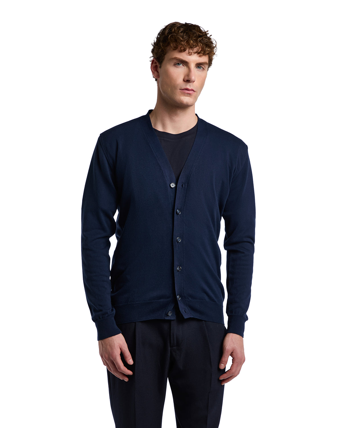 Navy blue men's cardigan, made of soft cotton, featuring a V-neck and button closure for a classic, casual look.